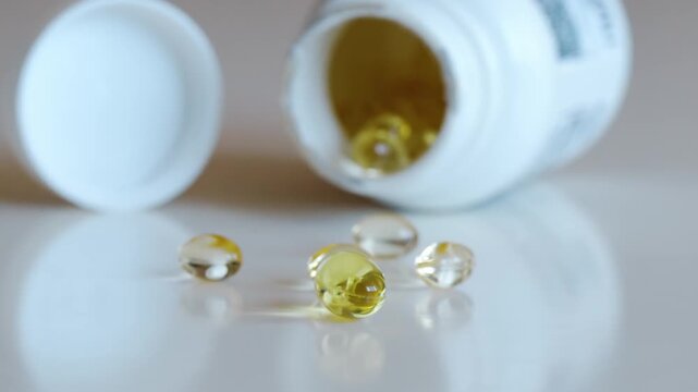 Close up of several omega 3 or vitamin d yellow capsules and white bottle with open cap.