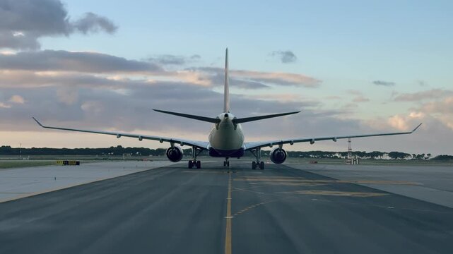 pilot view while taxiing behind a twin-engine wide-body jet along a taxiway al sunrise