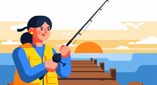 Woman fishing on a pier at sunset with a fishing rod and tackle.