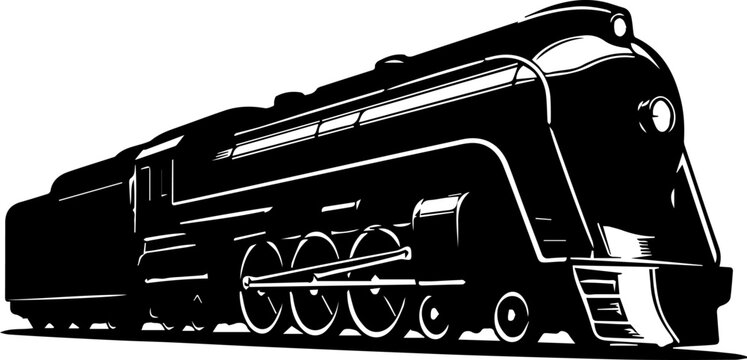 Vintage Streamlined Steam Locomotive Vector Illustration in Classic Black and White Graphic Style