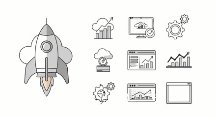 A rocket ship blasts off into clouds with graphs and gears floating nearby © jalu