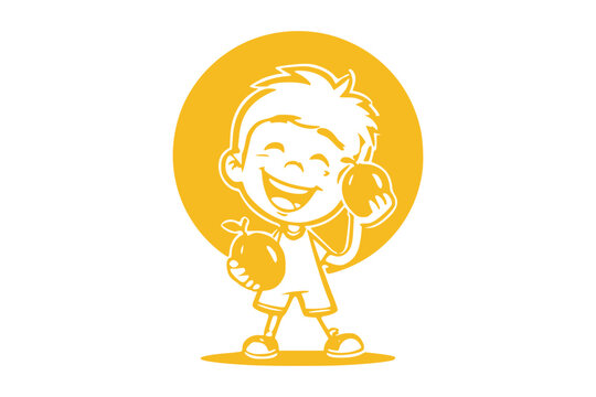 Cute child holding mango inside circular badge style design, minimalist yellow cartoon vector illustration isolated on white background