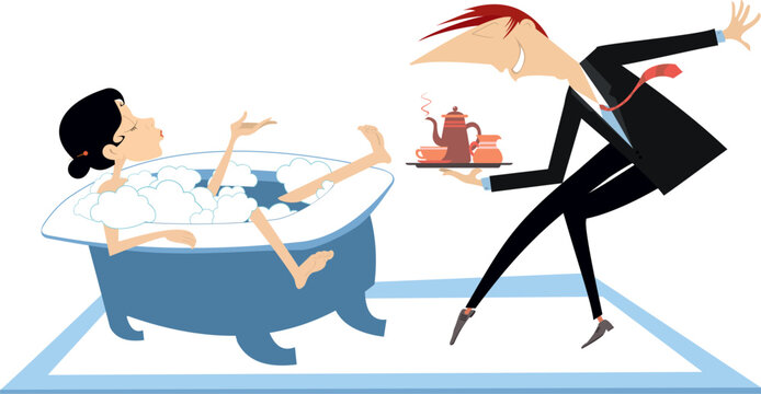 Man offer coffee to woman lying in the bathtub