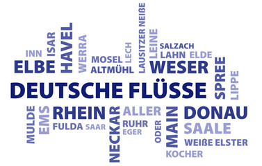 Obraz premium Wortwolke der deutschen Flüsse mit mehr als 300 Kilometer länge. Grafische Vorlage als Vektor Illustration.