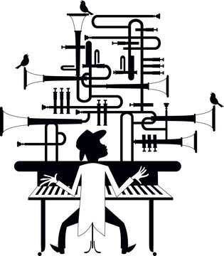 Musician. Man playing  keyboard, piano, pipe organ 