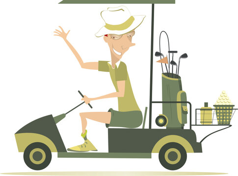 Positive day. Man on the golf cart goes to play golf
