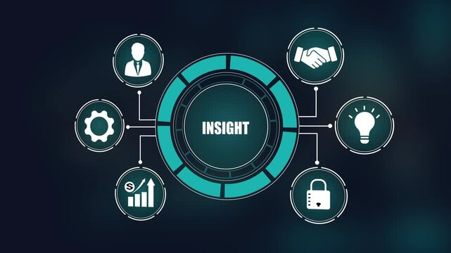 Business insight and data analysis concept infographic, Glowing futuristic interface with corporate networking icons and integrated digital system.