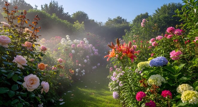A vibrant and colorful garden path winding through blooming flowers under a soft, misty morning light.