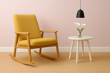 Fototapeta premium Cozy yellow rocking chair and side table with flowers in minimalist room.