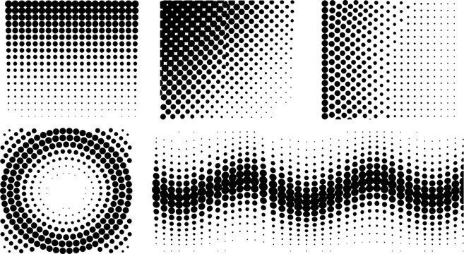 Wavy halftone pattern vector set with concentric dotted circles for optical illusion
