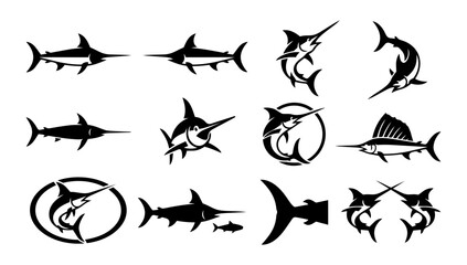 Fototapeta premium Swordfish Splash Silhouettes Set, Ocean Fishing Action and Water Logo Icons