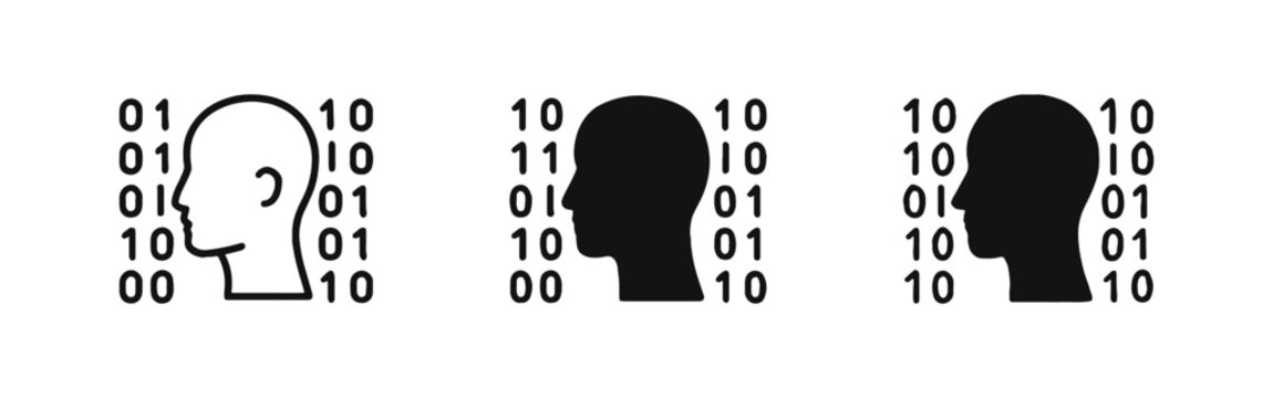 Human head profile with binary data code for artificial intelligence and mind processing