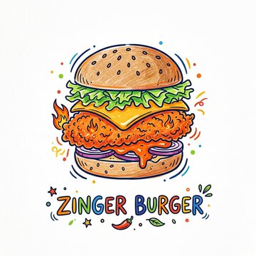 Deliciously tempting zinger burger illustration with vibrant colors and playful accents