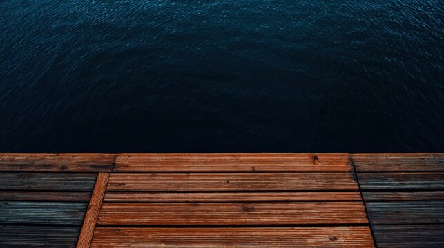 Top view of a rustic wooden dock extending over a dark blue lake, the wood texture fills the foreground, empty water in the background