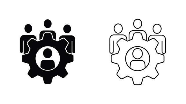 AI collaboration concept illustration with three people inside a large gear, representing human-machine systems, teamwork and intelligent automation.
