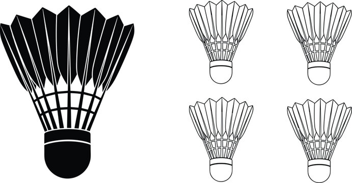 Badminton Shuttlecock Vector Set Featuring Black Silhouette and Detailed Line Art Icons of Sport Equipment for Tournament Branding, Athletic Training, and Racket Game Graphics