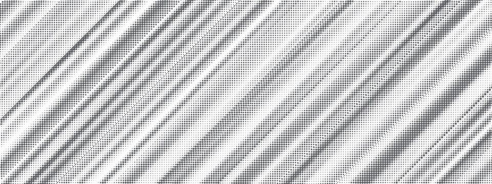 Abstract diagonal pattern with halftone texture creating dynamic speed effect through black and white striped lines with seamless geometric gradient transition.