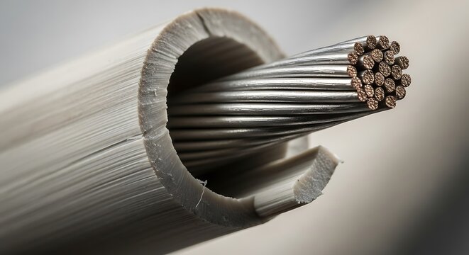 Closeup of a cut electrical cable showing inner wires and copper strands