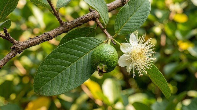 Delicate guava flower blooms beside developing green fruit on a branch