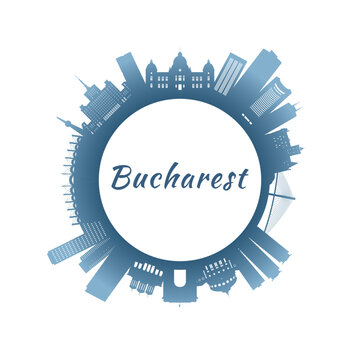 Bucharest skyline with colorful buildings. Circular style. Stock vector illustration
