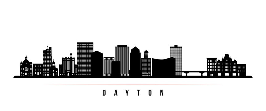 Dayton skyline horizontal banner. Black and white silhouette of Dayton, Ohio. Vector template for your design. 