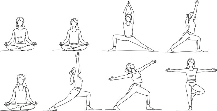 Black and White Line Art Illustrations of Yoga Poses and Meditation for Wellness, Fitness, and Mindfulness Designs for Websites, Apps, and Digital Media