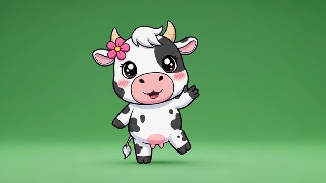 Cartoon cow character posing against green background