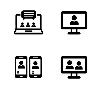 Online conference icon set. Video meeting, interview, digital communication, webinar, device screen, seminar - stock vector.