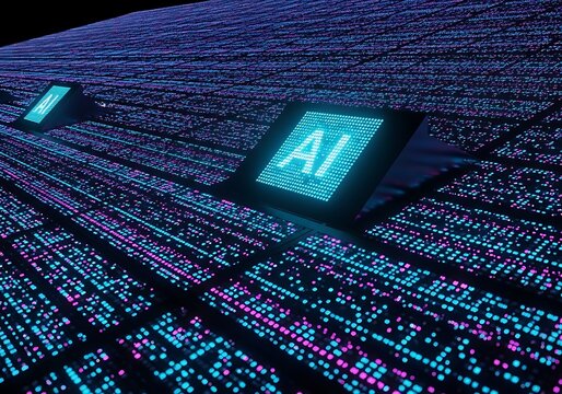 Glowing ai symbol on digital futuristic grid background with neon blue and purple lighting effects