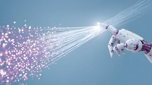 Robotic hand releasing digital particle stream in blue science background