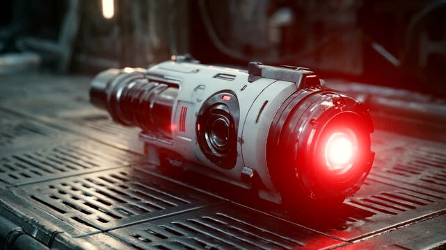 Futuristic weapon on metallic surface with red light