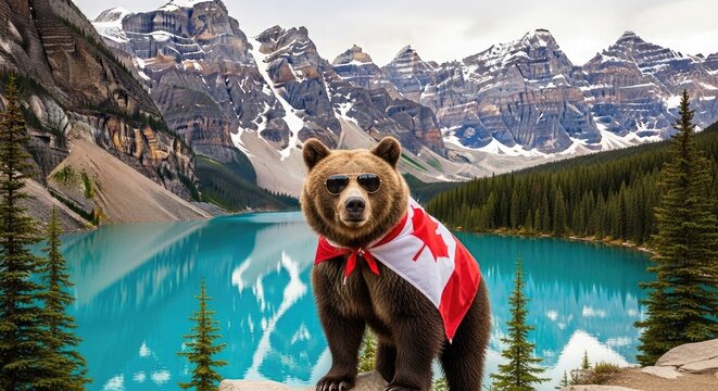 Grizzly bear with canadian flag scarf in banff national park