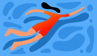 Fototapeta premium Woman swimming in water minimal flat illustration summer sport activity concept.