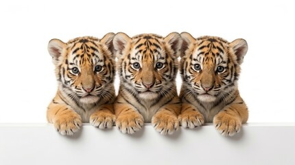Obraz premium Three adorable tiger cubs with curious eyes peek over a white surface, showcasing their playful nature.