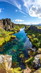 Obraz premium A serene river flows through a rocky, green landscape