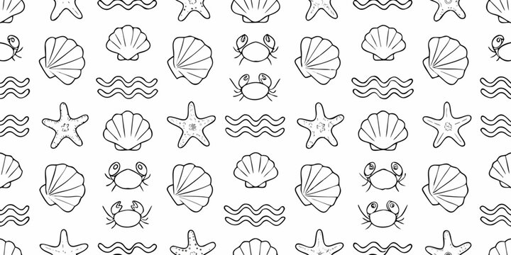 A seamless pattern featuring crabs shells and stylized wave designs
