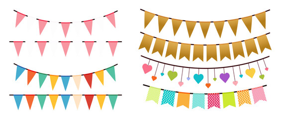 Obraz premium Big set of colorful collection of festive party bunting and garland flags hanging under bright studio lighting background.