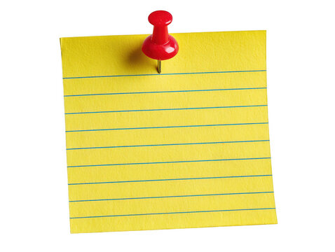 Yellow sticky note with red push pin isolated on transparent background