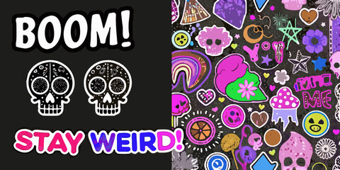 Colorful pop art collage featuring skulls text and playful quirky designs © Huraya