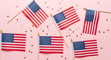 Fototapeta premium Happy independence day usa festive american flags on pink background for july 4th celebrations