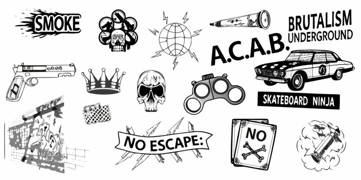 A chaotic collection of rebellious sketches and symbols in black and white