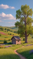 Obraz premium A small cabin near a large tree, vibrant countryside colors