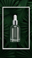 Fototapeta premium Glass Dropper Bottle with Serum on Green Leaves.