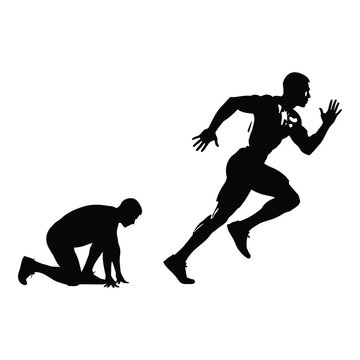 Silhouette of two men running and crouching down to start sprinting in athletic competition  isolated on white background