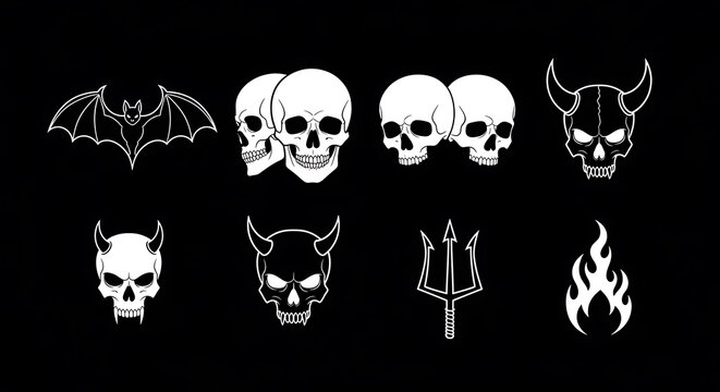 White vector illustrations of spooky emblems, including skulls, bat, pitchfork, and flames on black