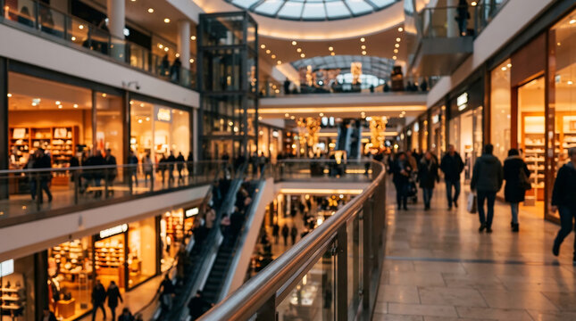 Busy shopping mall interior with blurred background during evening retail activity