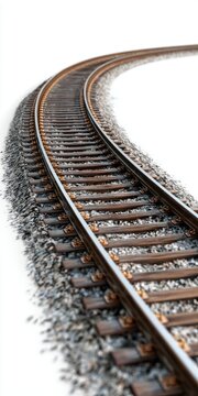 Curving Railroad Tracks with Gravel and Wooden Sleepers on a White Background