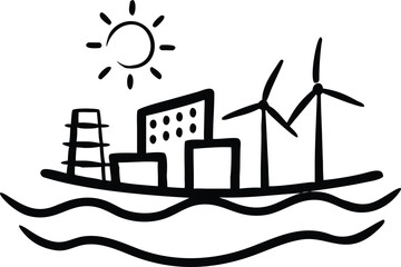Naklejka premium industrial coastal scene with buildings wind turbines oil rig and sun symbolizing energy technology and environment