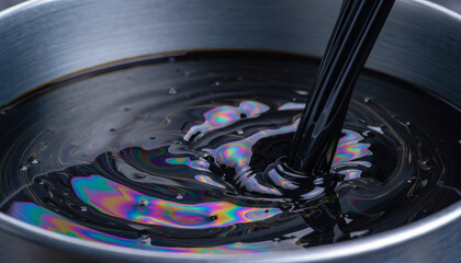 Naklejka premium Oil pour viscous liquid metal barrel swirling texture extreme close up black fluid industrial abstract iridescent lubricant Thick viscous oil pouring into metal barrel, swirling texture extreme