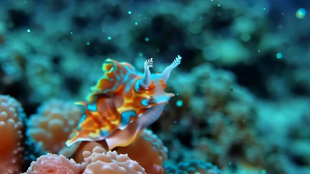Close up macro view of colorful sea slug nudibranch on coral reef underwater marine life